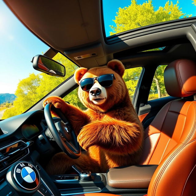 A charming scene depicting a brown bear driving a sleek BMW car