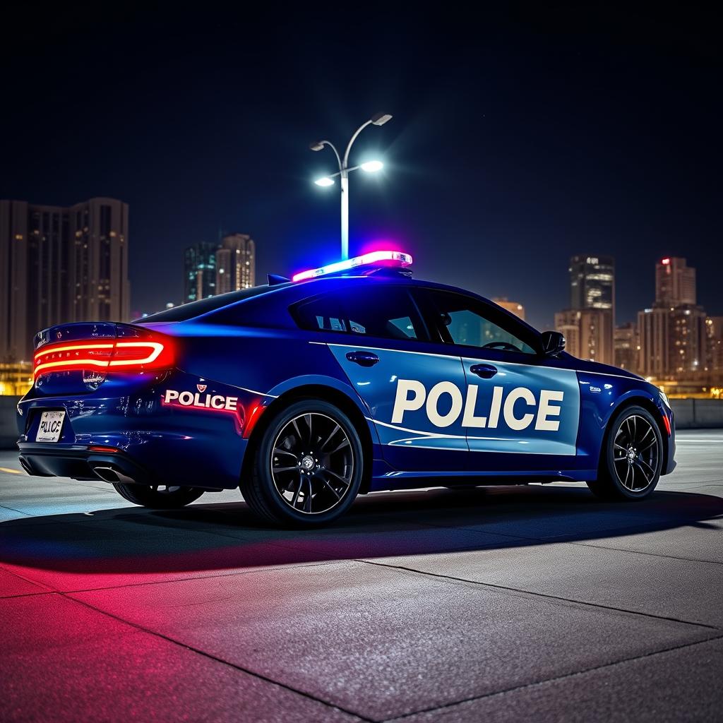 A sleek and shiny police car, parked under a bright streetlight at night