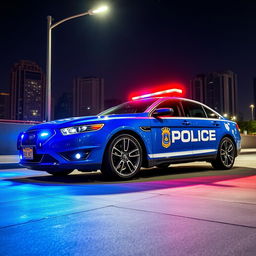 A sleek and shiny police car, parked under a bright streetlight at night
