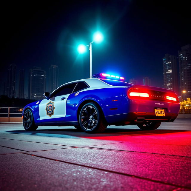 A sleek and shiny police car, parked under a bright streetlight at night