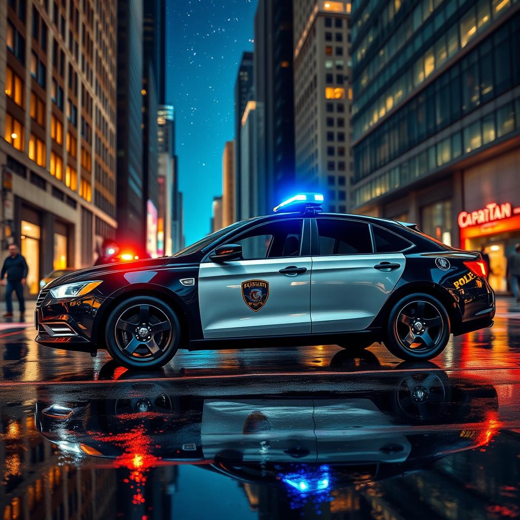 A detailed depiction of a modern police car parked on a bustling city street at night