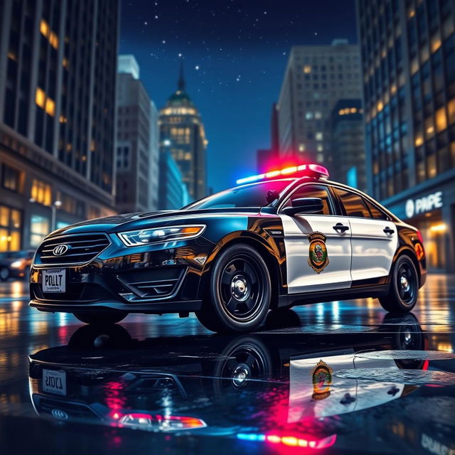 A detailed depiction of a modern police car parked on a bustling city street at night