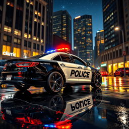 A detailed depiction of a modern police car parked on a bustling city street at night
