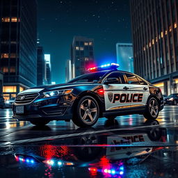 A detailed depiction of a modern police car parked on a bustling city street at night