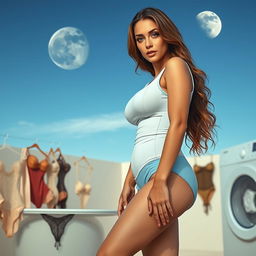 A full-body image of a beautiful and sexy 45-year-old mature woman (MILF) with long wavy brown hair and captivating cyan eyes