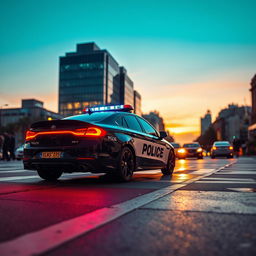 A striking image of a sleek modern police car positioned on a busy urban street during dusk