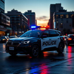A striking image of a sleek modern police car positioned on a busy urban street during dusk
