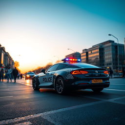 A striking image of a sleek modern police car positioned on a busy urban street during dusk