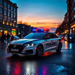 A striking image of a sleek modern police car positioned on a busy urban street during dusk