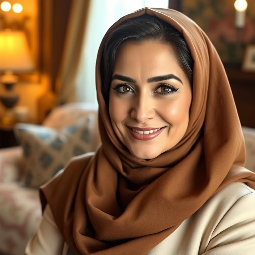 A beautiful Persian woman in her 40s with striking features, wearing a stylish and elegant hijab that complements her attire