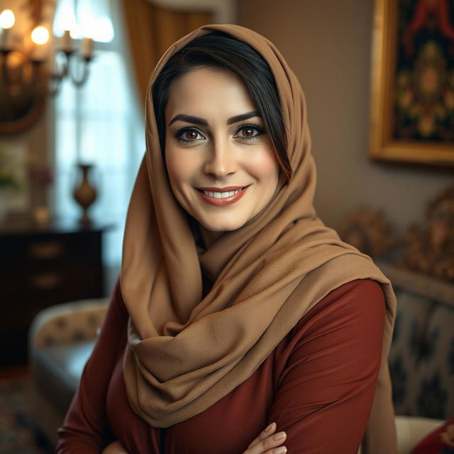 A beautiful Persian woman in her 40s with striking features, wearing a stylish and elegant hijab that complements her attire