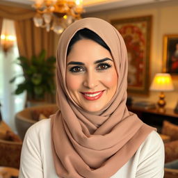 A beautiful Persian woman in her 40s with striking features, wearing a stylish and elegant hijab that complements her attire