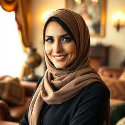 A beautiful Persian woman in her 40s with striking features, wearing a stylish and elegant hijab that complements her attire
