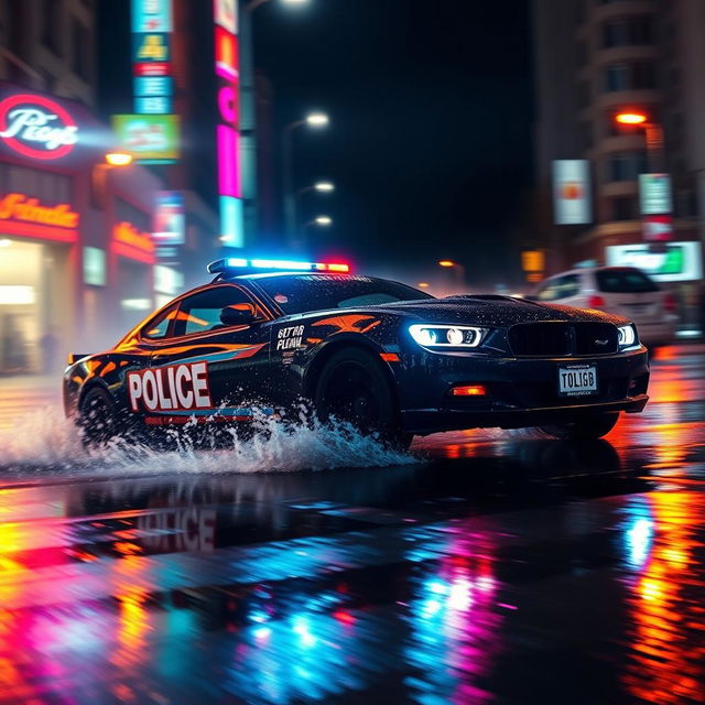 A sleek police car skillfully drifting on a wet, glistening street at night, illuminated by vibrant streetlights reflecting off the rain-soaked pavement