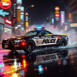 A sleek police car skillfully drifting on a wet, glistening street at night, illuminated by vibrant streetlights reflecting off the rain-soaked pavement