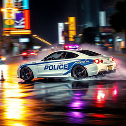 A sleek police car skillfully drifting on a wet, glistening street at night, illuminated by vibrant streetlights reflecting off the rain-soaked pavement