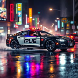 A sleek police car skillfully drifting on a wet, glistening street at night, illuminated by vibrant streetlights reflecting off the rain-soaked pavement