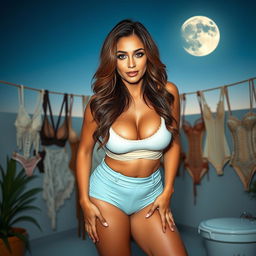 A full-body image of a beautiful and sexy 45-year-old mature woman (MILF) with long wavy brown hair and captivating cyan eyes