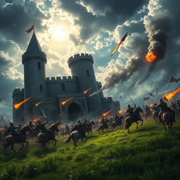 A high-resolution wallpaper depicting a dramatic castle under attack during a fierce battle