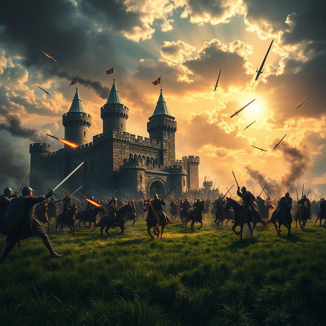 A high-resolution wallpaper depicting a dramatic castle under attack during a fierce battle