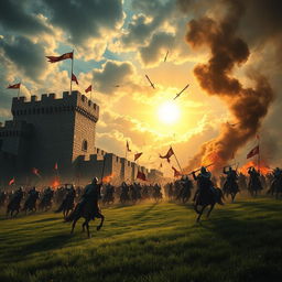A high-resolution wallpaper depicting a dramatic castle under attack during a fierce battle