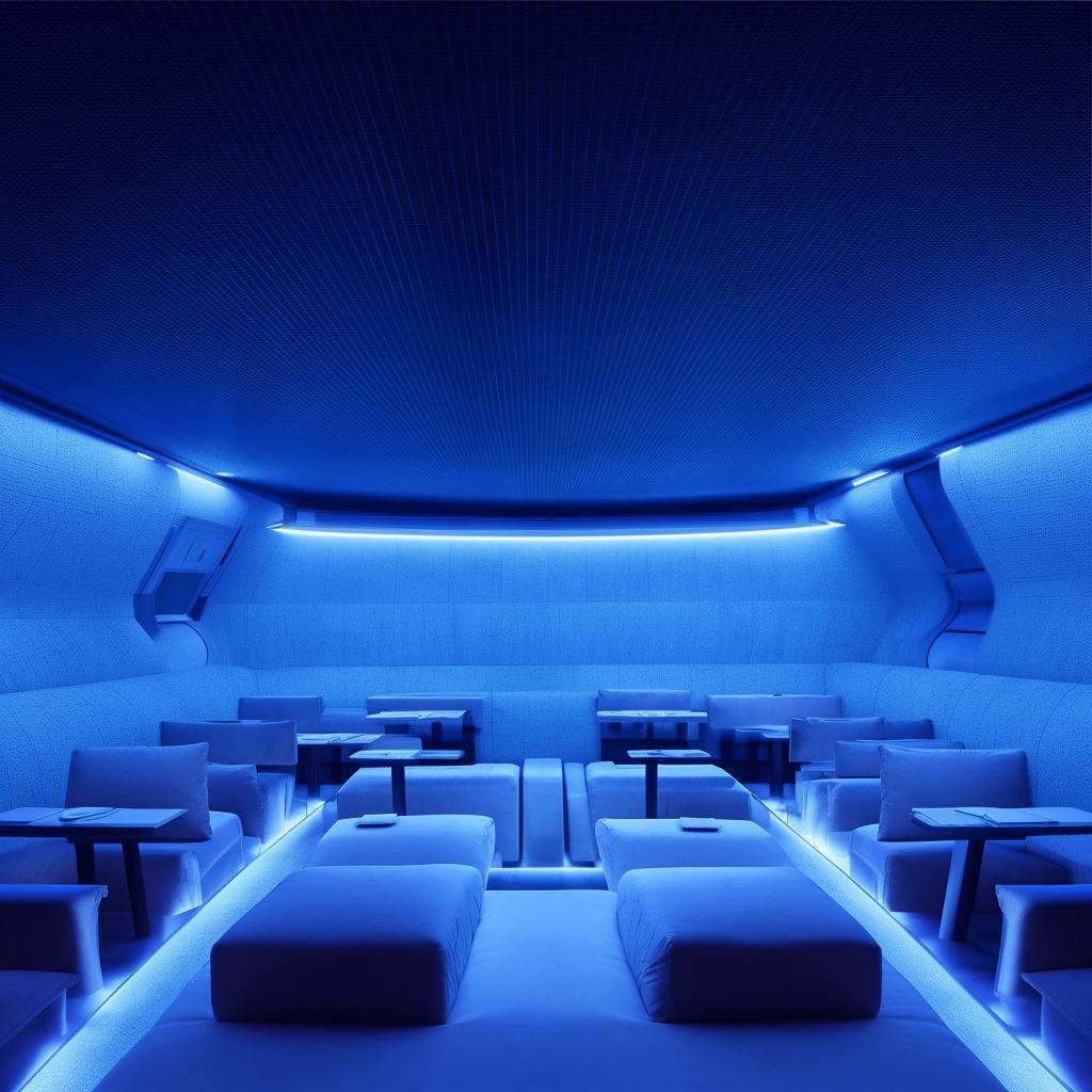 Futuristic restaurant containing six dining tables and a sofa, all bathed in dimmed, atmospheric lighting for a more intimate ambiance.