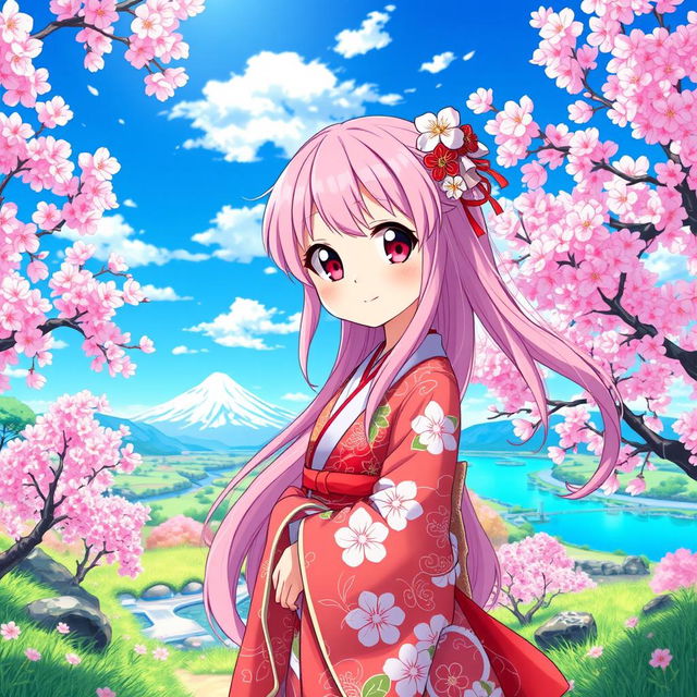 A vibrant anime-style character standing in a fantastical landscape filled with cherry blossom trees and a bright blue sky