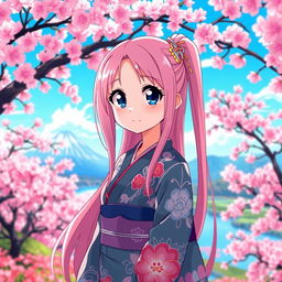 A vibrant anime-style character standing in a fantastical landscape filled with cherry blossom trees and a bright blue sky