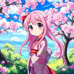 A vibrant anime-style character standing in a fantastical landscape filled with cherry blossom trees and a bright blue sky