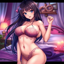 A highly detailed and vibrant anime-style illustration featuring a seductive and alluring female character with a confident expression