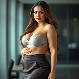 A stunning representation of a 28-year-old female attorney with a voluptuous figure, featuring prominent 34DD breasts, long flowing brown hair styled elegantly