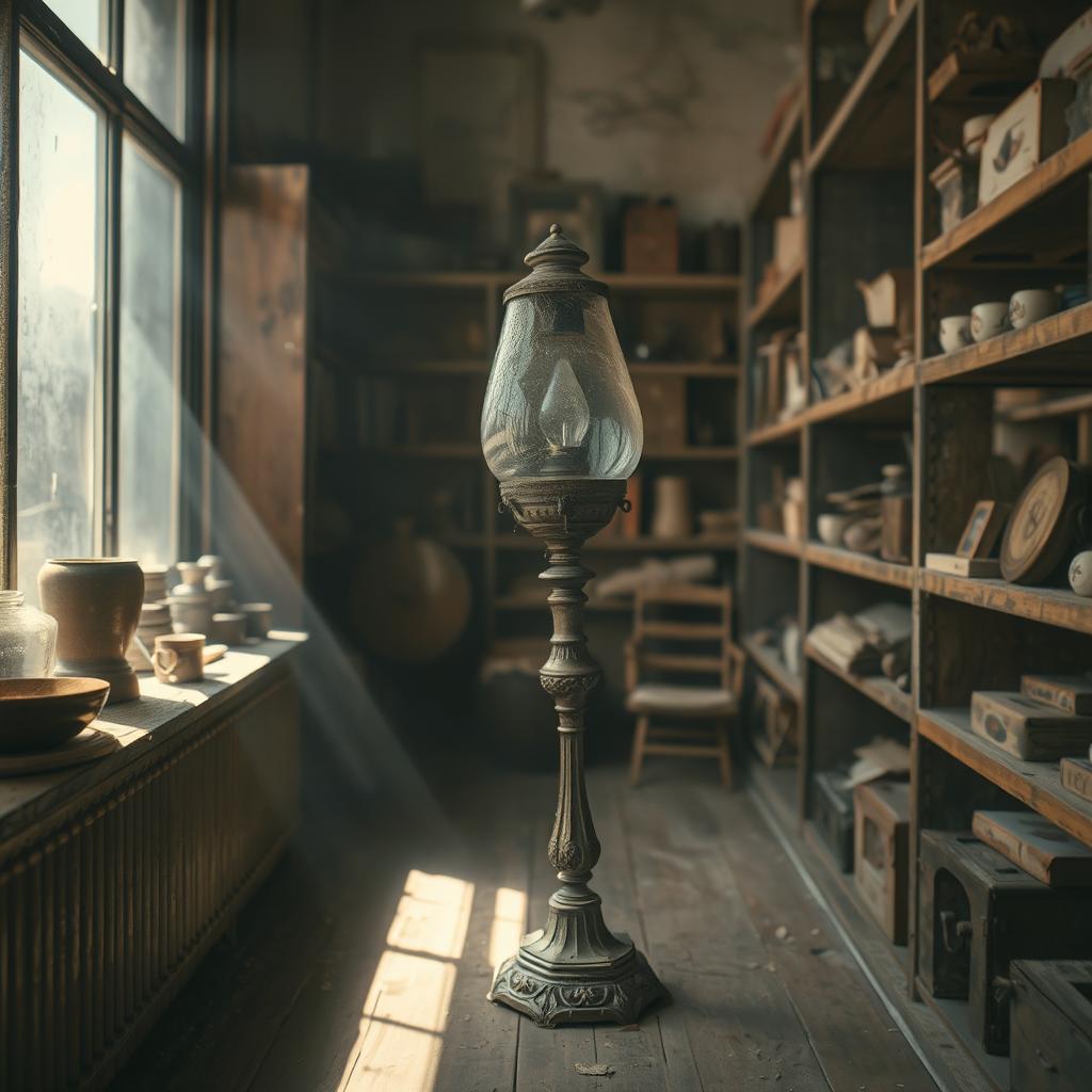 A burnt-out vintage lamp sitting forgotten in a closed shop, surrounded by dusty shelves filled with old items