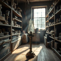 A burnt-out vintage lamp sitting forgotten in a closed shop, surrounded by dusty shelves filled with old items