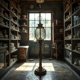 A burnt-out vintage lamp sitting forgotten in a closed shop, surrounded by dusty shelves filled with old items