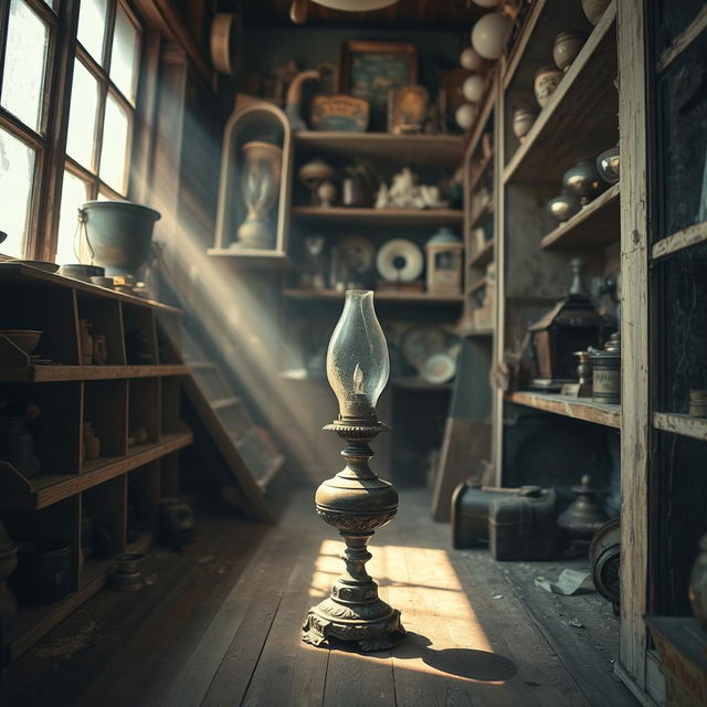 A burnt-out vintage lamp sitting forgotten in a closed shop, surrounded by dusty shelves filled with old items