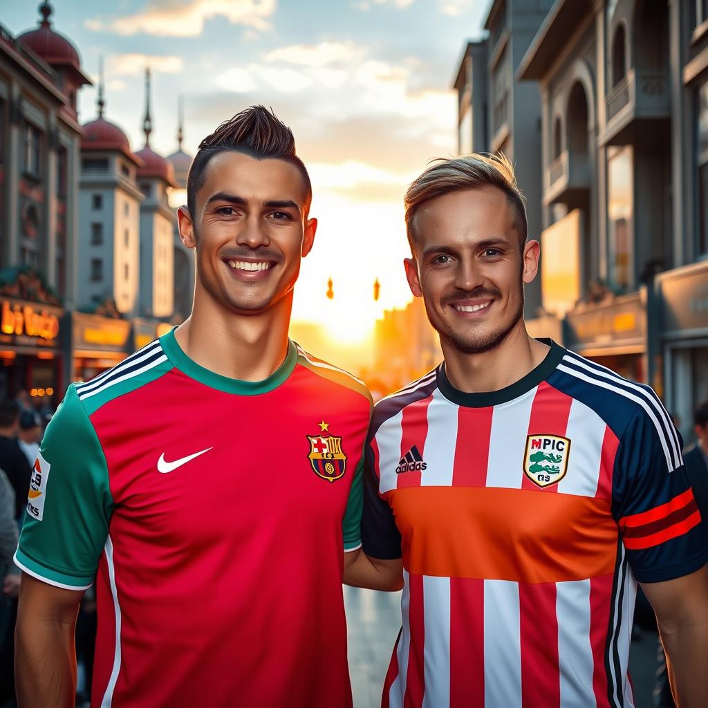 Cristiano Ronaldo and Ivan Rakitic posing together in a vibrant Tehran cityscape, showcasing their football jerseys