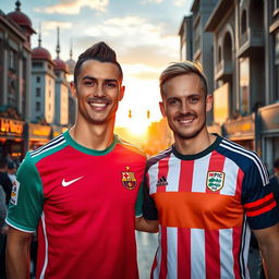 Cristiano Ronaldo and Ivan Rakitic posing together in a vibrant Tehran cityscape, showcasing their football jerseys