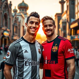 Cristiano Ronaldo and Ivan Rakitic posing together in a vibrant Tehran cityscape, showcasing their football jerseys