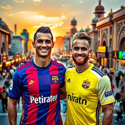Cristiano Ronaldo and Ivan Rakitic posing together in a vibrant Tehran cityscape, showcasing their football jerseys