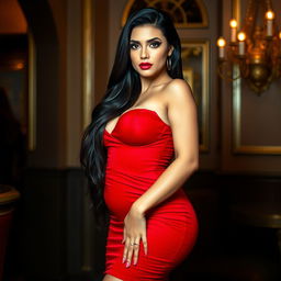 A voluptuous woman with an hourglass figure, wearing a form-fitting red dress that accentuates her curves