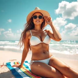 A stunning woman resembling a glamorous model like Sybil Stallone, relaxing on a sun-drenched beach in a stylish white bikini that complements her toned physique