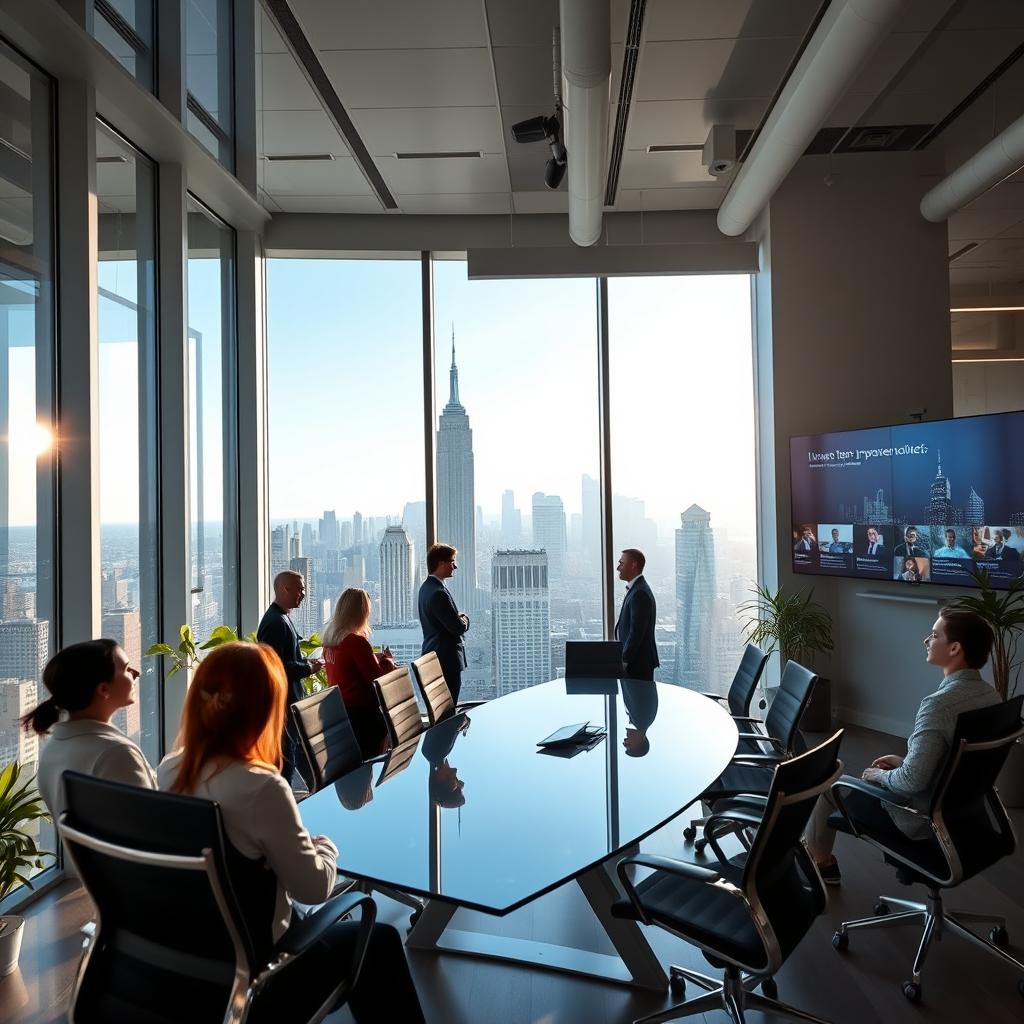 A modern and sleek office interior with large windows, showcasing a city skyline view during the day