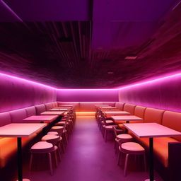 Futuristic restaurant containing six dining tables and a sofa, all bathed in dimmed, atmospheric lighting for a more intimate ambiance.