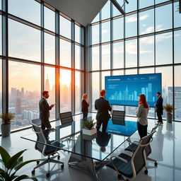 A modern and sleek office interior with large windows, showcasing a city skyline view during the day