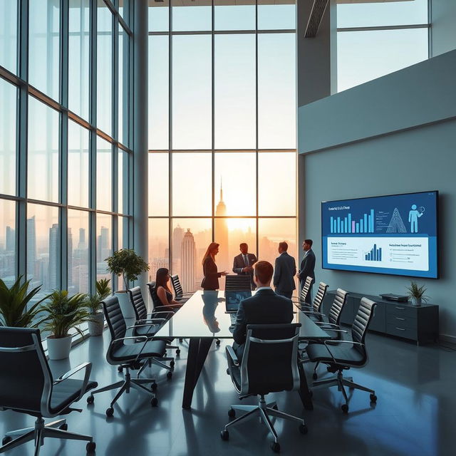 A modern and sleek office interior with large windows, showcasing a city skyline view during the day