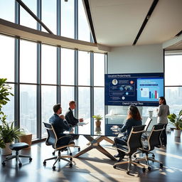 A modern and sleek office interior with large windows, showcasing a city skyline view during the day