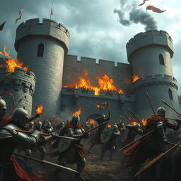 A highly realistic depiction of a medieval castle under attack during a fierce battle