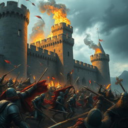 A highly realistic depiction of a medieval castle under attack during a fierce battle