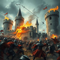 A highly realistic depiction of a medieval castle under attack during a fierce battle