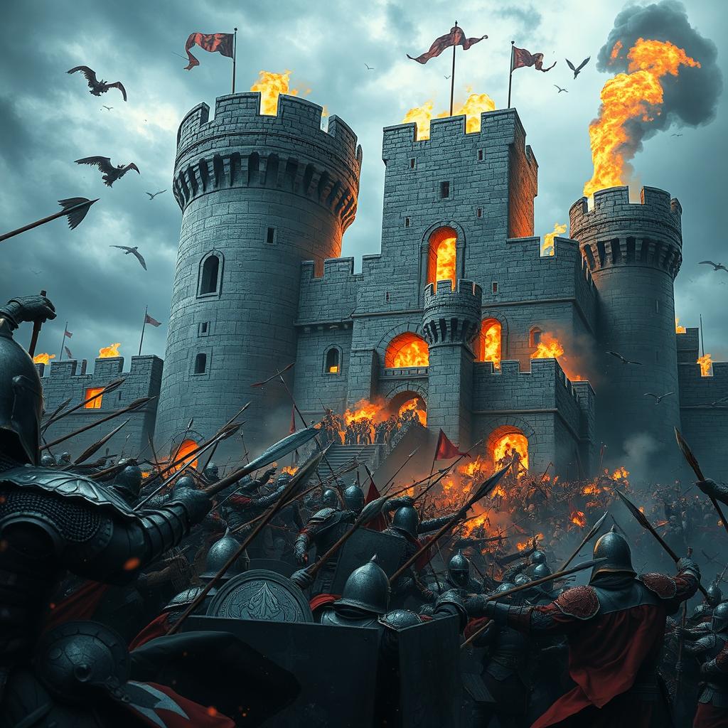 A highly realistic depiction of a medieval castle under attack during a fierce battle